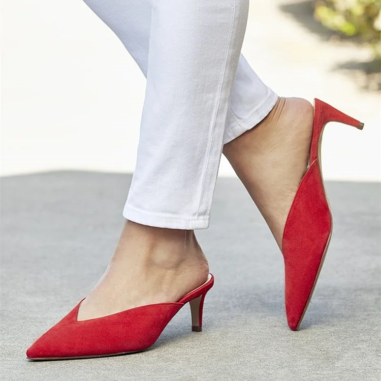 Women's Red Vegan Suede Pointy Toe Kitten Heels Mules |FSJ Shoes