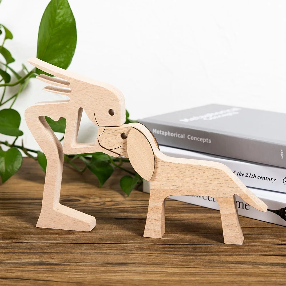 Family Puppy Wood Dog Craft Figurine Desktop Table Ornament Carving Model Creative Home Office Decoration Love Pet sculpture 515-1