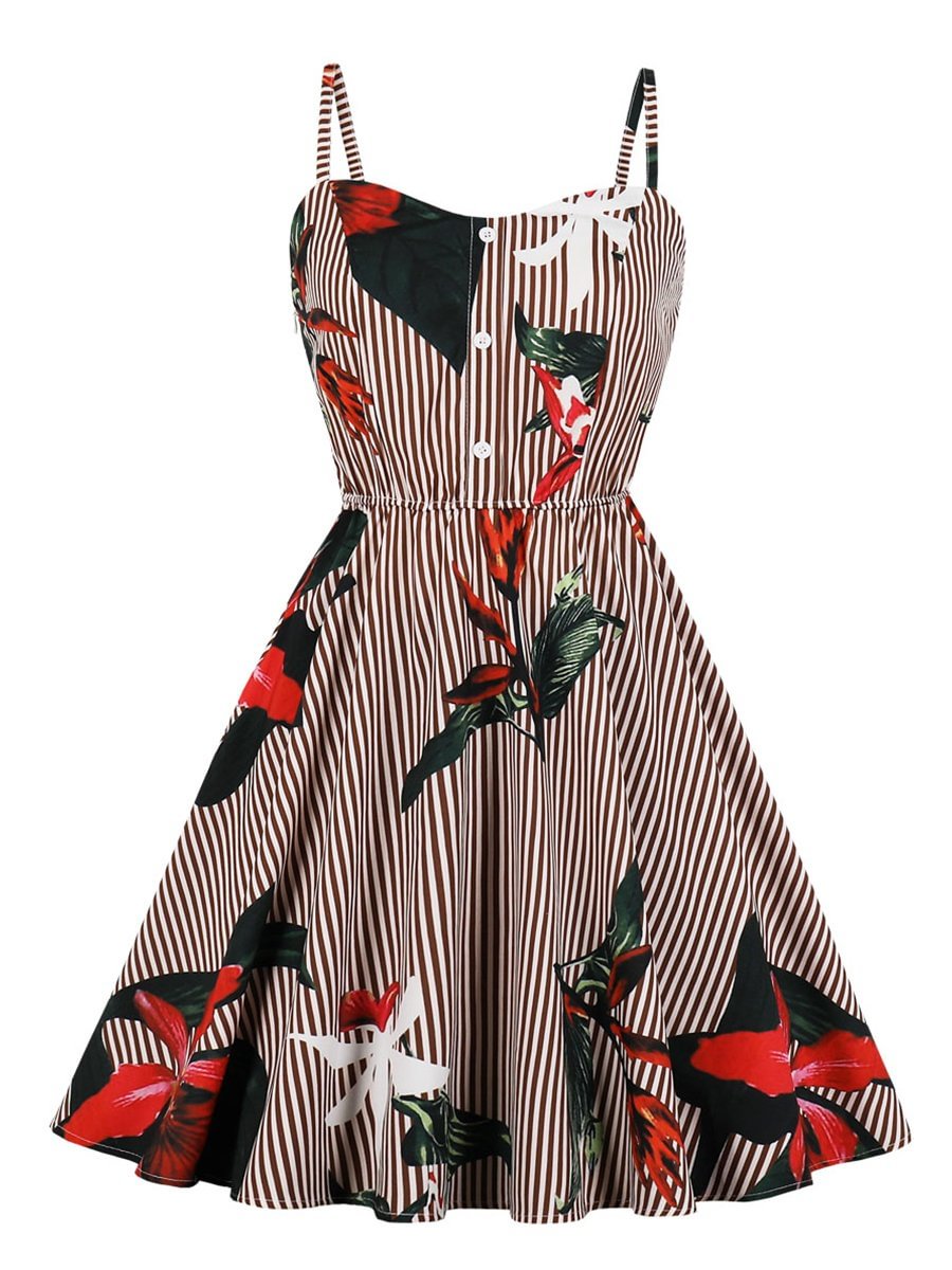 1950s Dress Spaghetti Strap Floral Midi Dress