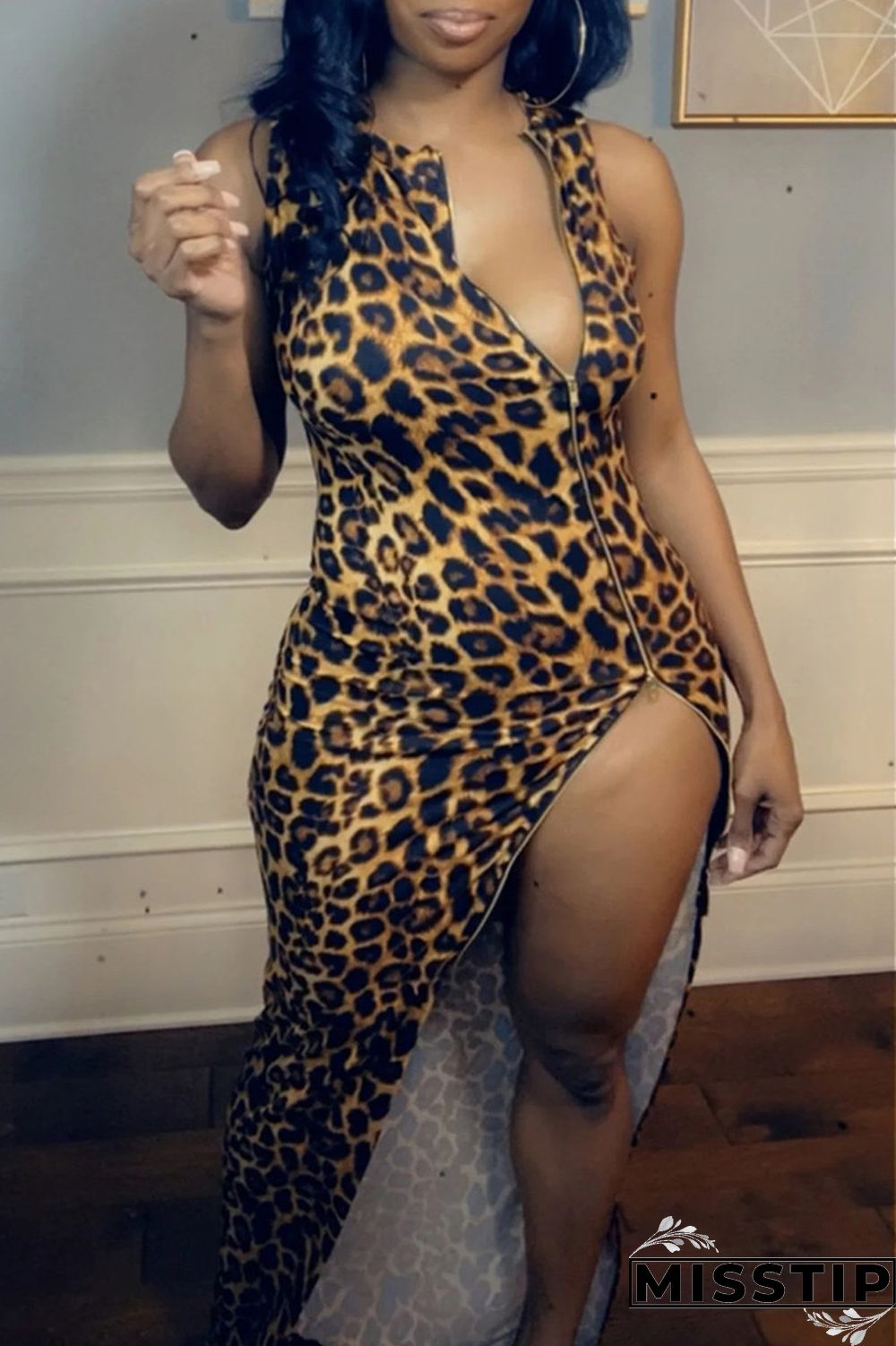 Leopard Print Sexy Print Leopard Asymmetrical Zipper Collar Sleeveless Dress