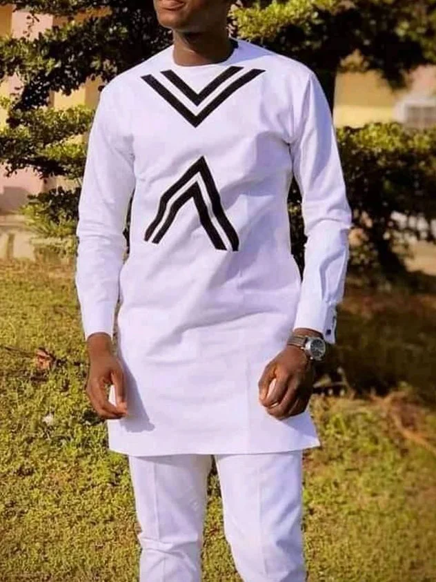 Men's casual white geometric print long sleeve two-piece set