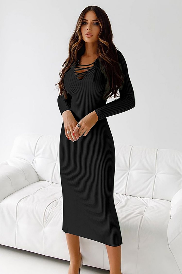 Lace Up Long Sleeve Knit Midi Bodycon Dresses