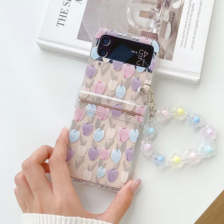 For Samsung Z Flip 5 4 3 Case Small Floral Transparent Folding Phone Case with Bracelet For ZFlip4 Shockproof Hard Back cover
