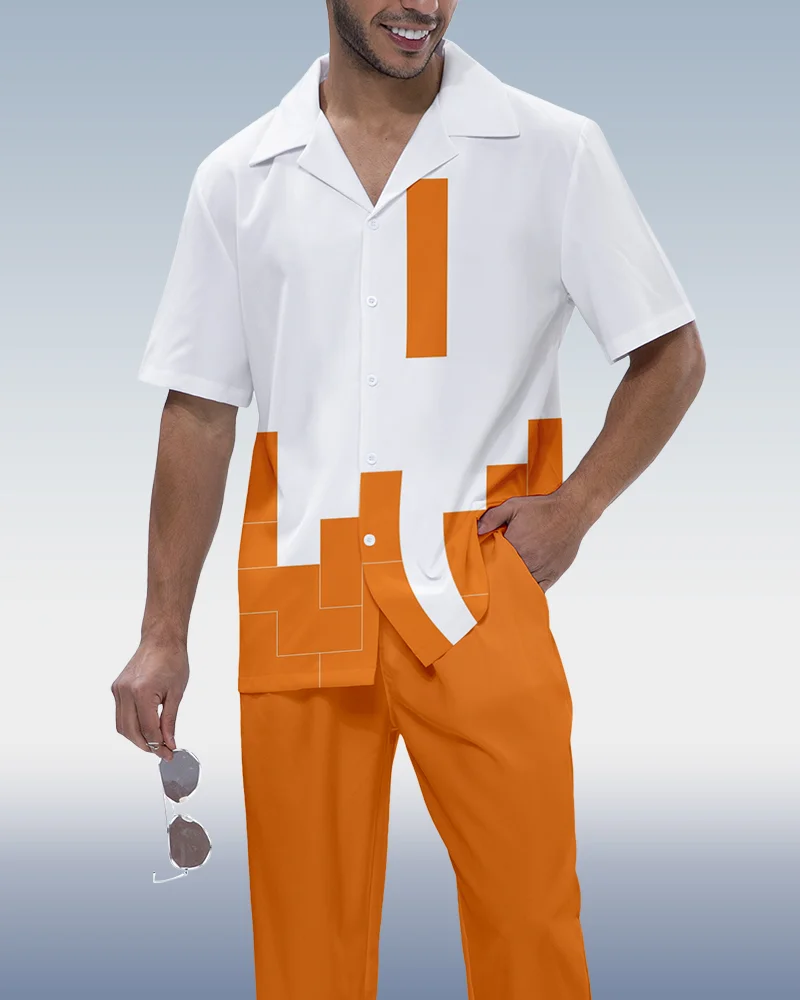 Suitmens Men's Colorblock Short Sleeve Shirt Walking Set 447