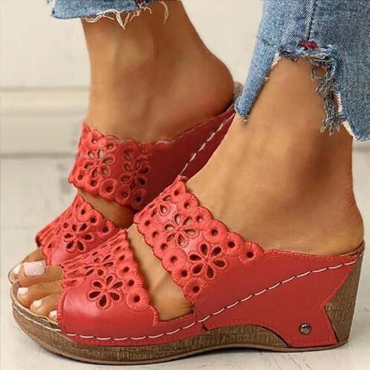 Leather Flower Embroidered Soft Wedge Orthopedic Sandals