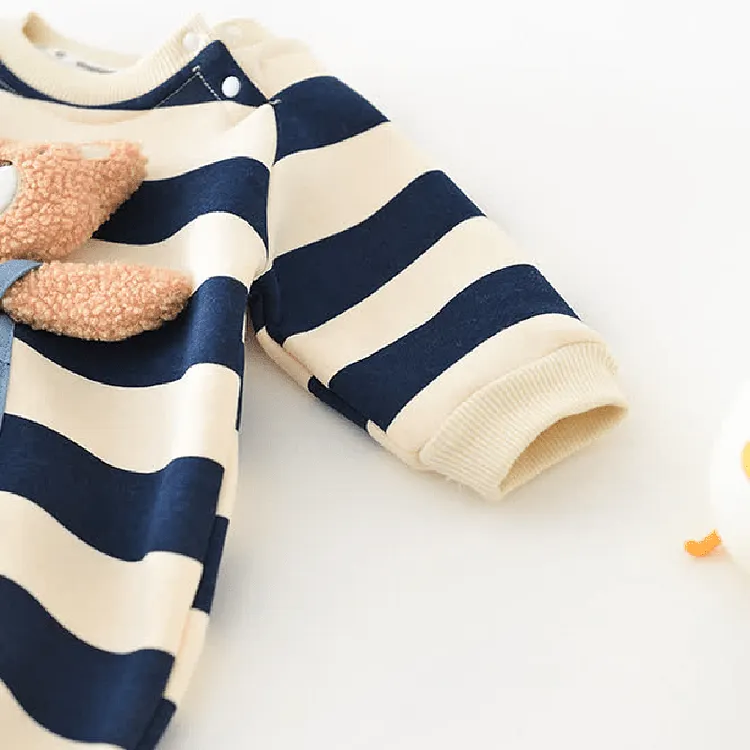 Babyhug 100% Cotton Half Sleeves Romper Bear & Stripes Print- Blue