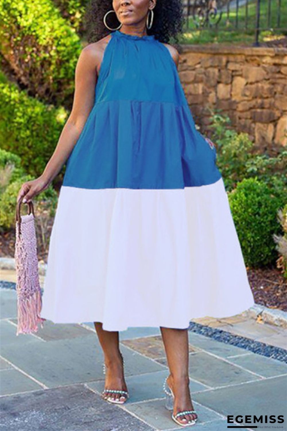 White Casual Sleeveless Halter Neck A-Line Knee-Length Patchwork Solid chain Dresses | EGEMISS