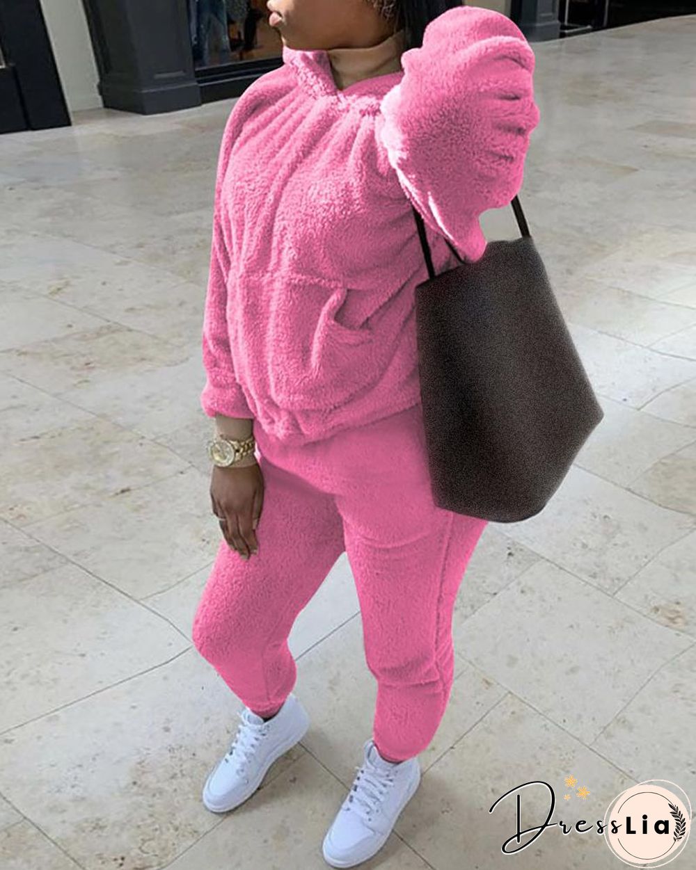 Plain Fluffy Teddy Hooded Top & Pants Set