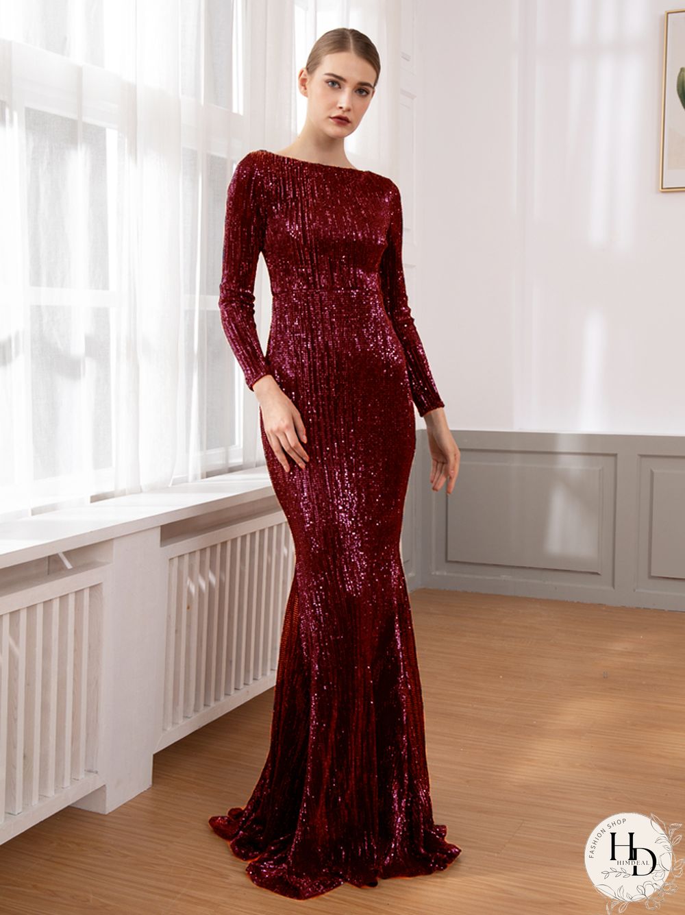 Elegant neck long sleeve sequin maxi dress floor length stretchy bodycon party gold green