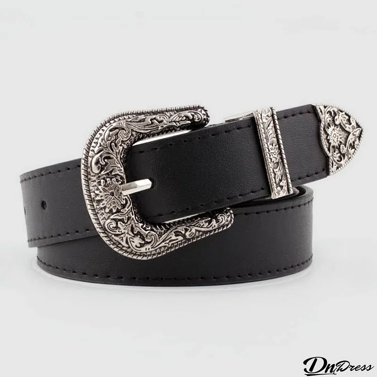 Wisherryy Western Vintage Carved Buckle Basic Belt