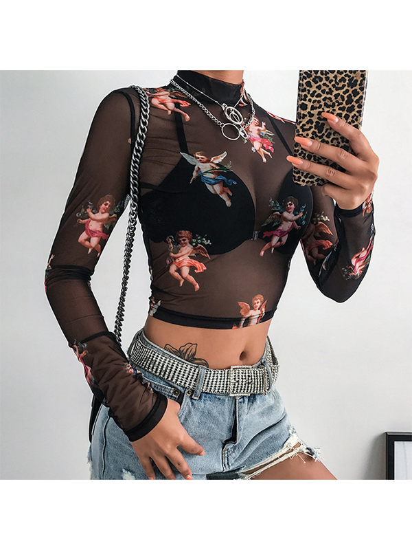 See Through Crop Tops T-Shirt Tee Angel Print Sexy Mesh - Modakawa Modakawa