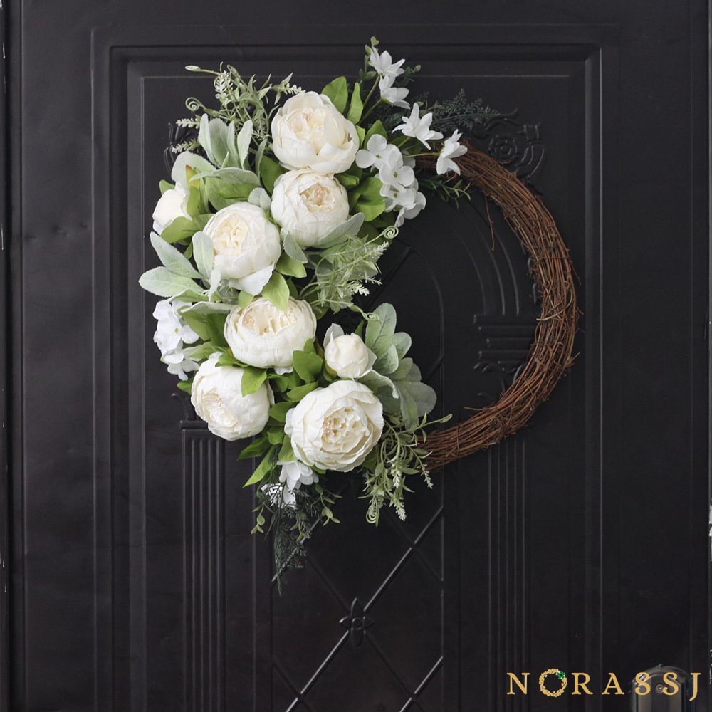 White Peony Spring Grapevine Wreath For Front Door