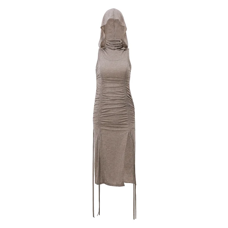 Sexy High Collar Hooded Pleated Tight Waisted Hollow Slit Sleeveless Dress