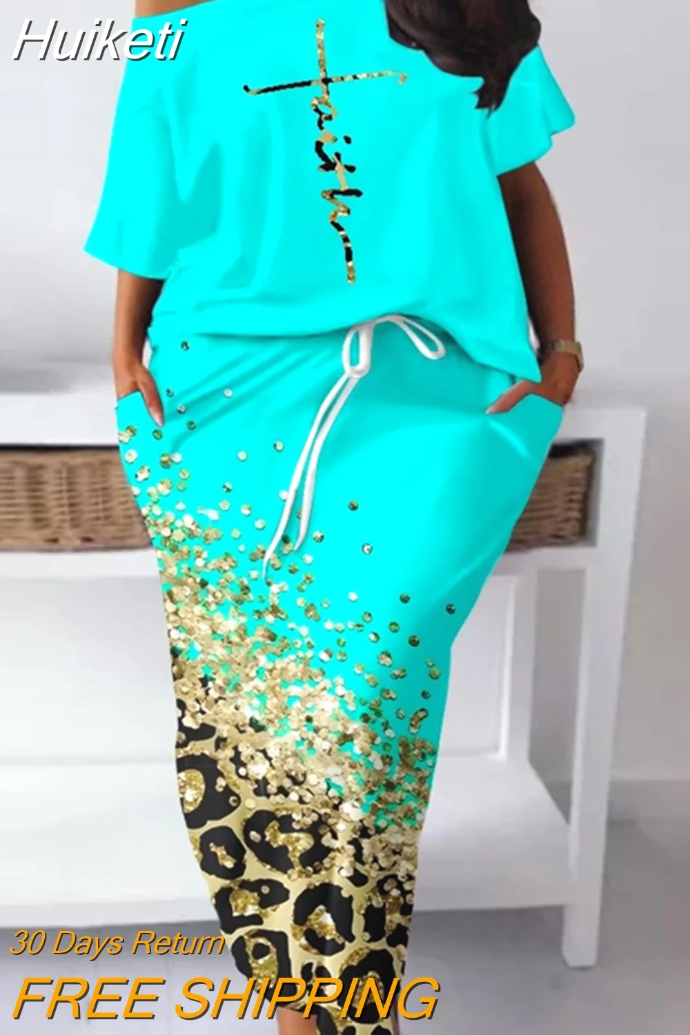 Huiketi Women Summer Skew Neck Cotton Blends Faith Letter Pattern Top & Contrast Leopard Print Skirt Set