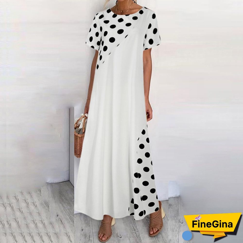 Summer Women Polka Dot Maxi Dress Robe Short Sleeve Round Neck Patchwork Party Casual Loose Long Dress Plus Size Tunic