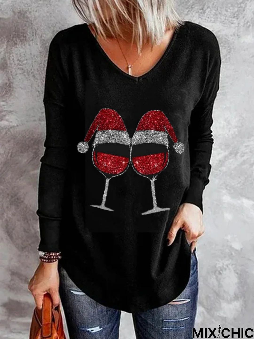 Christmas Cheers Wine Glass Pattern Long Sleeve V Neck Casual Tunic Top