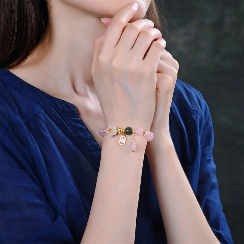 Natural Pink Crystal Jade Flower Charm Bracelet