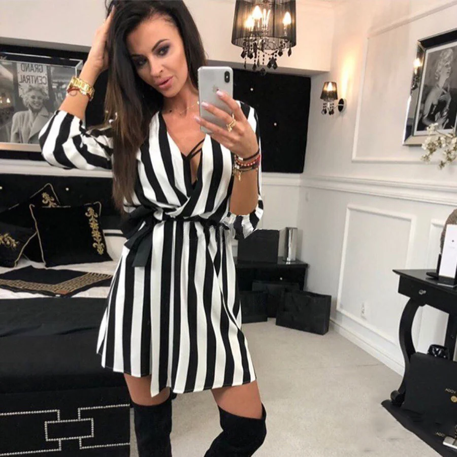 Striped Lace Up V-Neck Loose Casual Dress