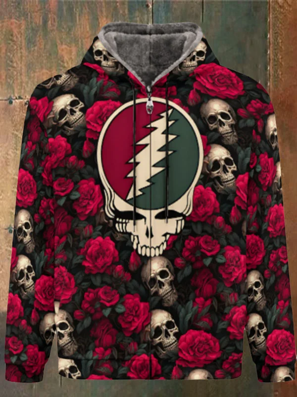 Unisex Skull Print Double Layer Fleece Zip-Up Hooded Jacket