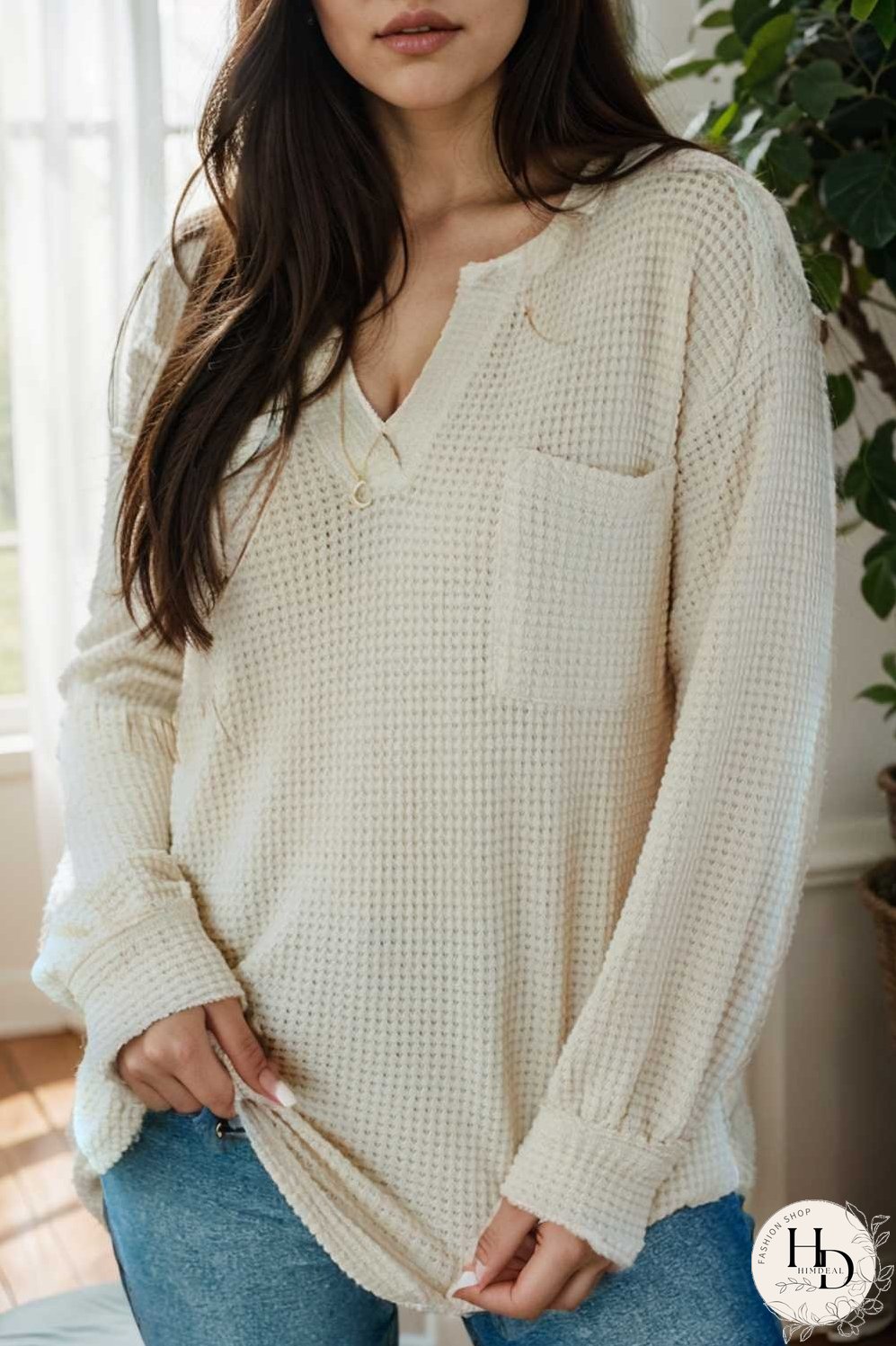 deep v neck long sleeve knitted sweater
