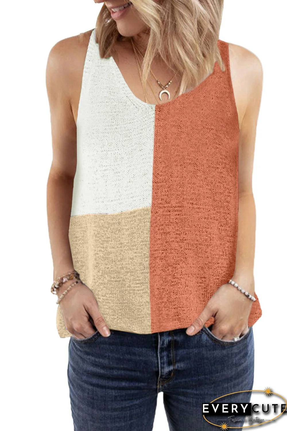 Orange Color Block Knitted Tank Top