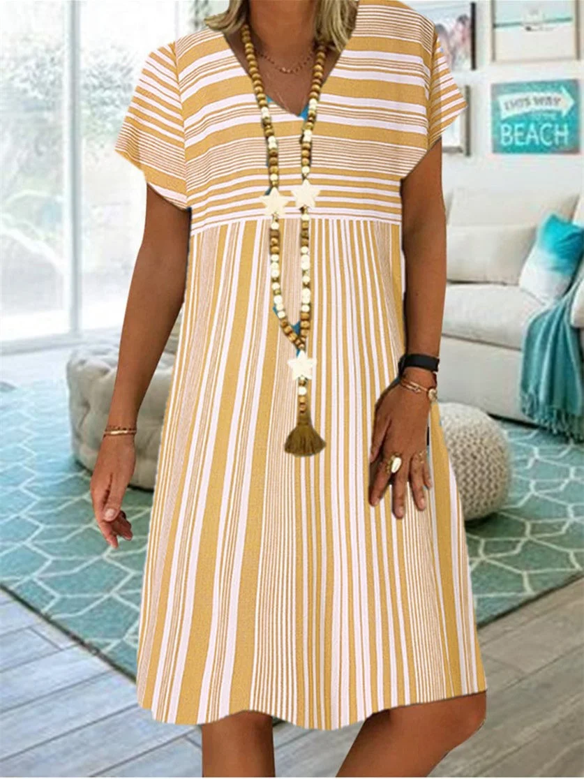 Women's Short Sleeve V-neck Graphic Striped Midi Dress