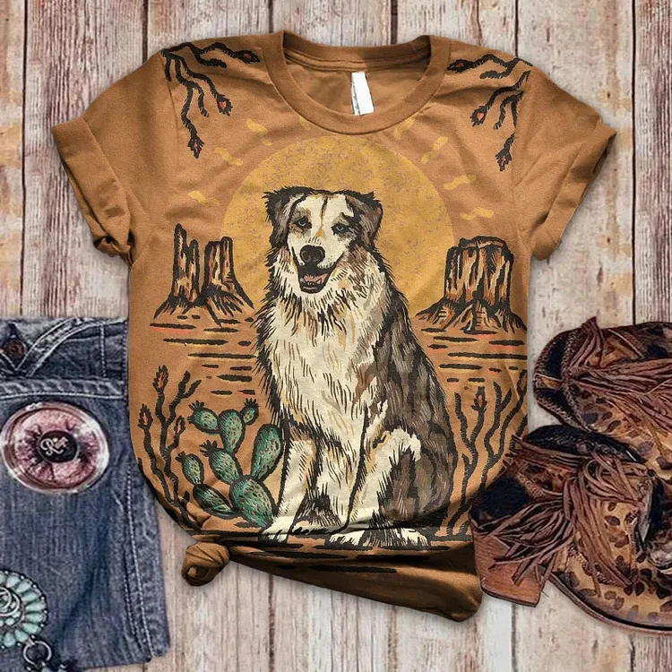 Western Cute Dog Print Crew Neck T-Shirt