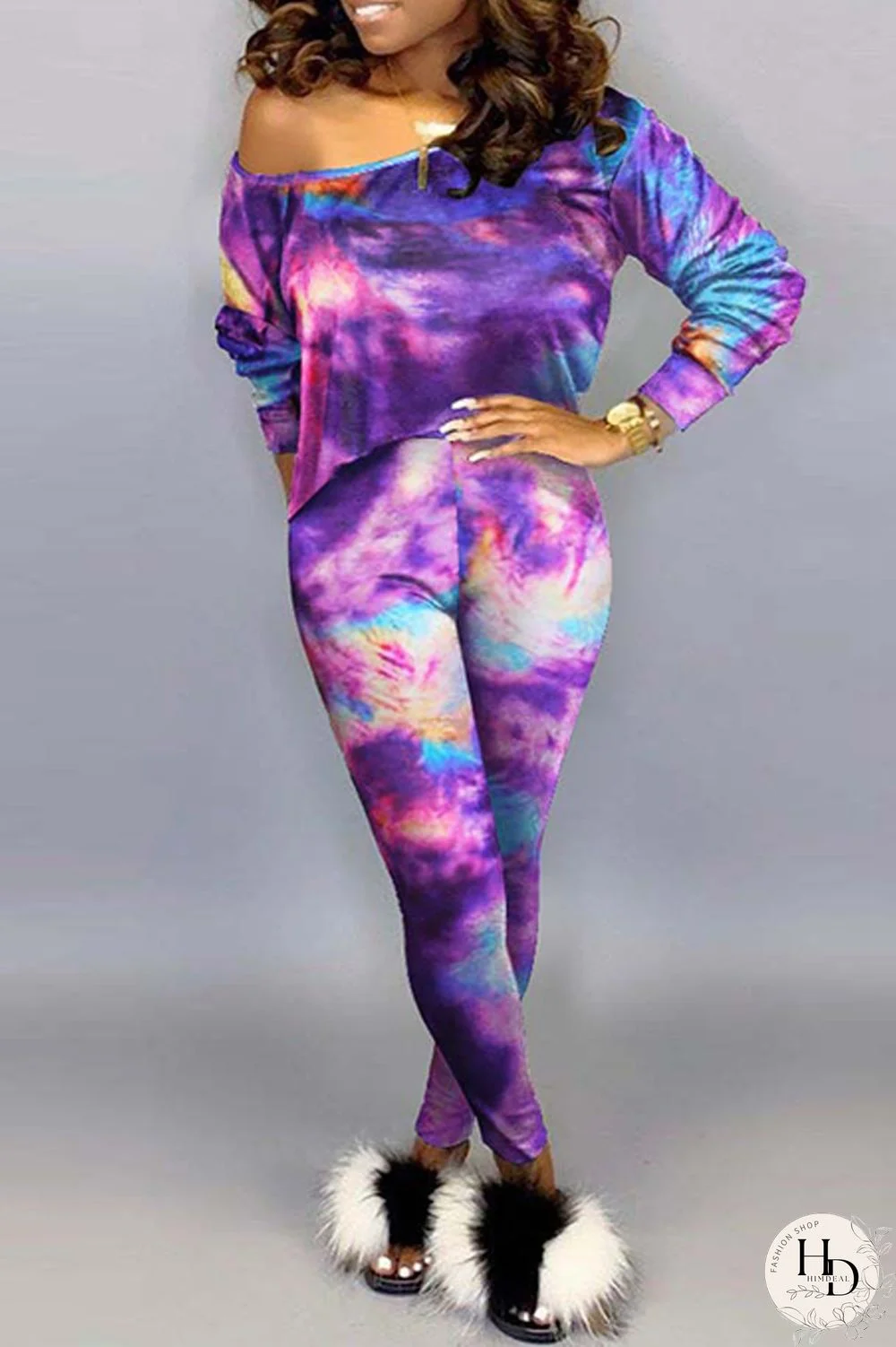 Green Fashion Casual Print Tie-dye Oblique Collar Long Sleeve Two Pieces