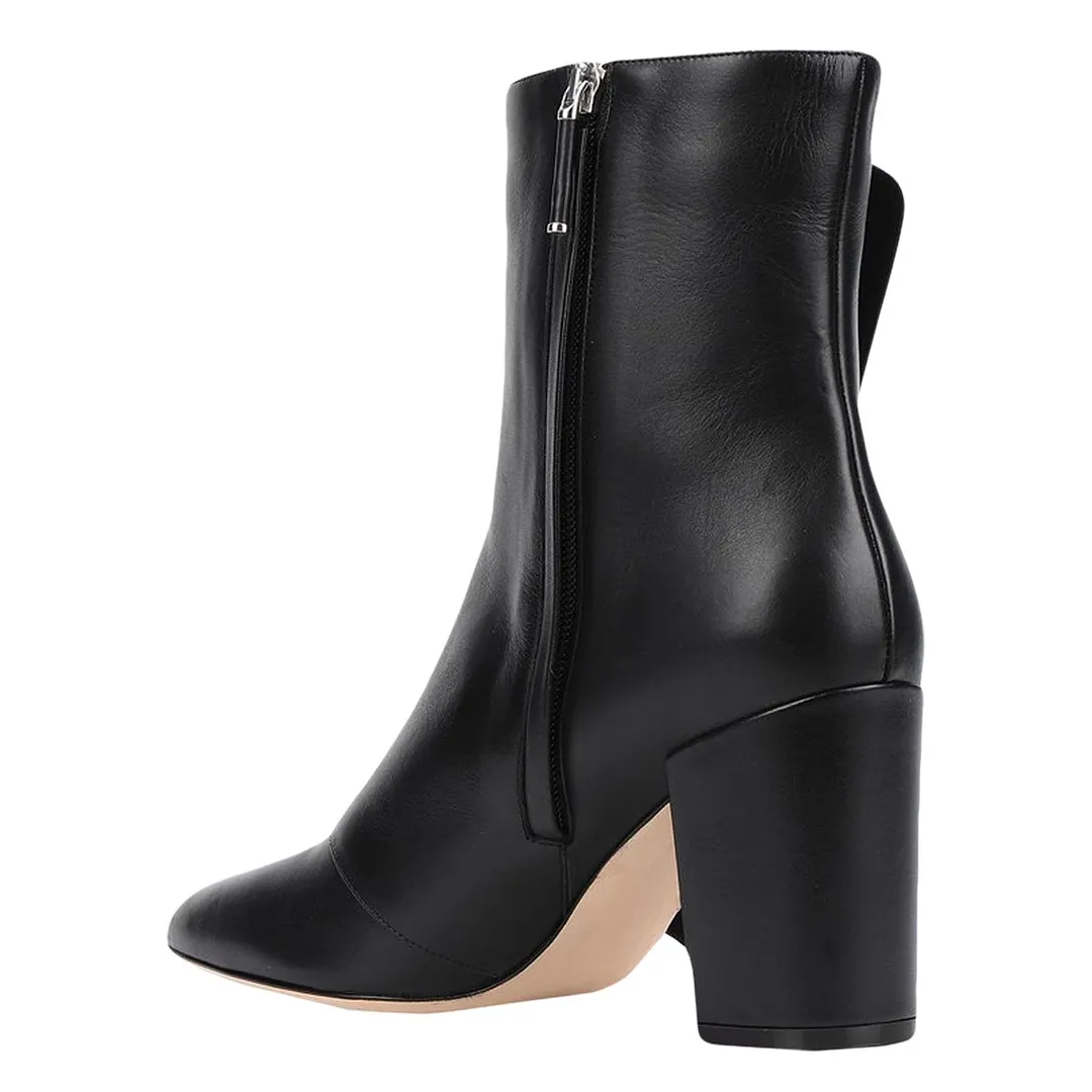 Chic Black Round Toe Side Zipper Decorative Button Short Booties