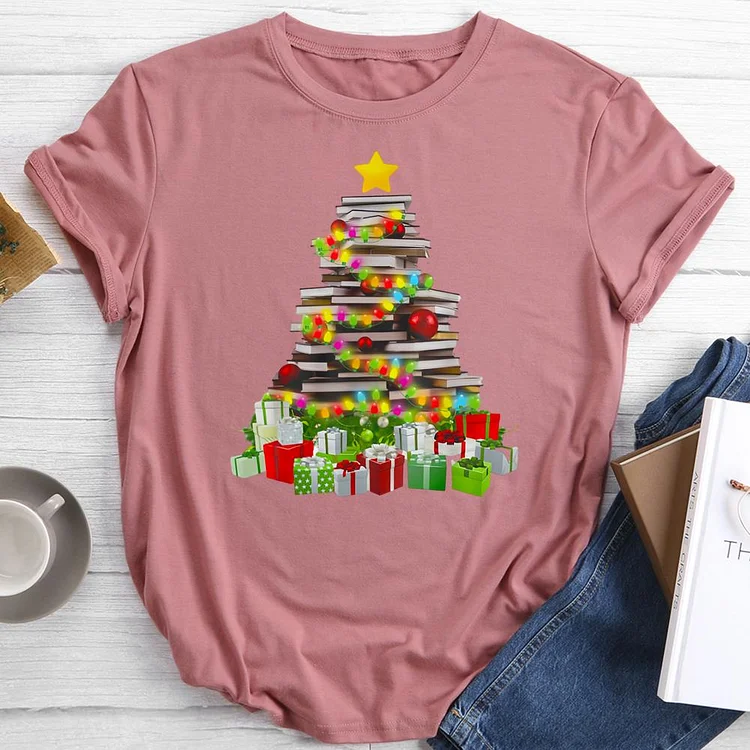 Christmas tree book Round Neck T-shirt-0021502