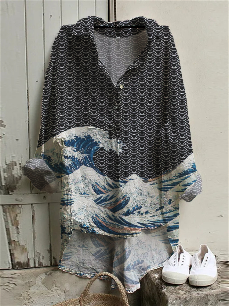 Comstylish Kanagawa Wave Linen High-Low Tunic
