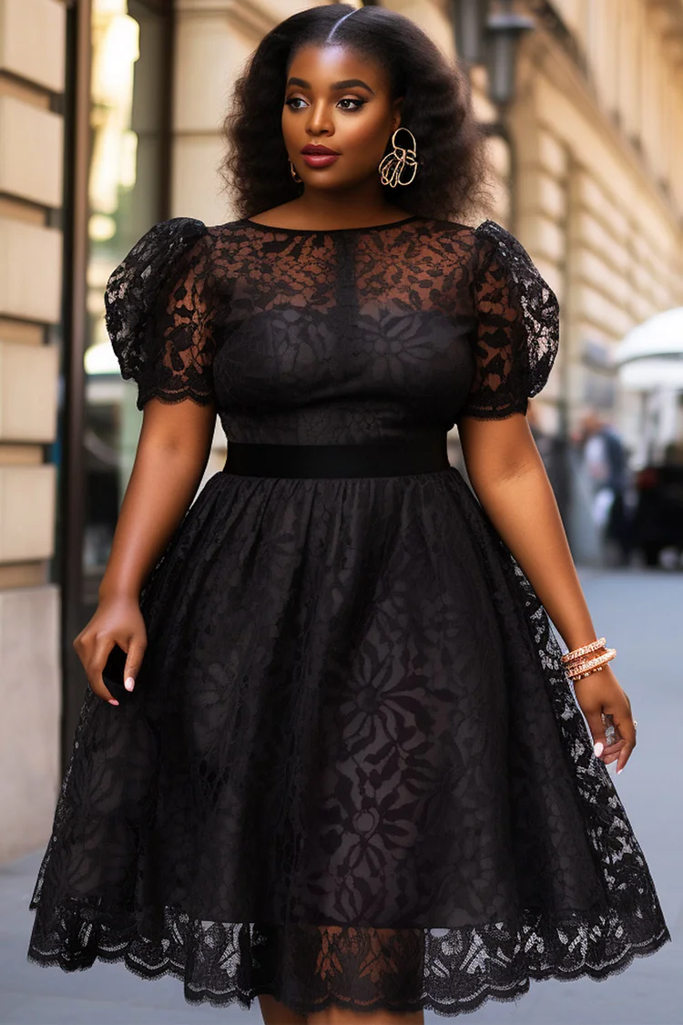 Xpluswear Design Plus Size Cocktail Party Black Elegant Round Neck Puff Sleeve Short Sleeve See Through Lace Midi Dresses [Pre-Order]