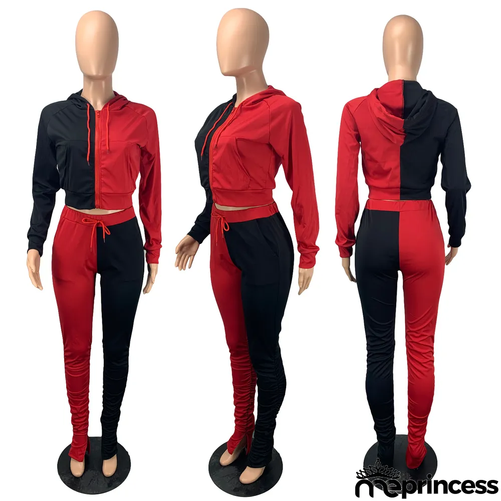 Contrast Color Hooded Stacked Pants 2 Piece Sets