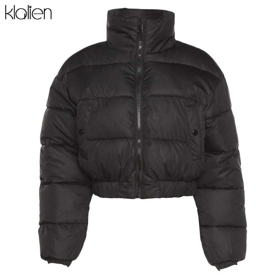 KLALIEN Winter Fashion Solid Padded Jacket Women Simple Zipper Thicken Short Coat 2021 New Slim Office Lady Warm Streetwear