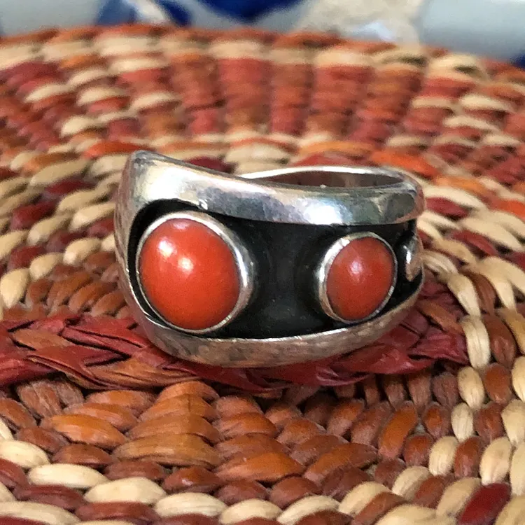 Red Coral and Sterling Silver Band Ring Southwestern Size 8