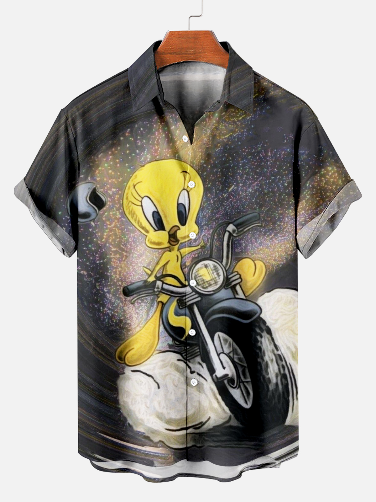 Men's Classic Cartoon Character Riding a Motorcycle Short Sleeve Shirt PLUSCLOTHESMAN