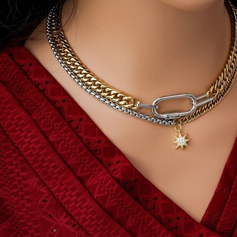 Titanium Steel Copper Star Oval Pendant Necklace