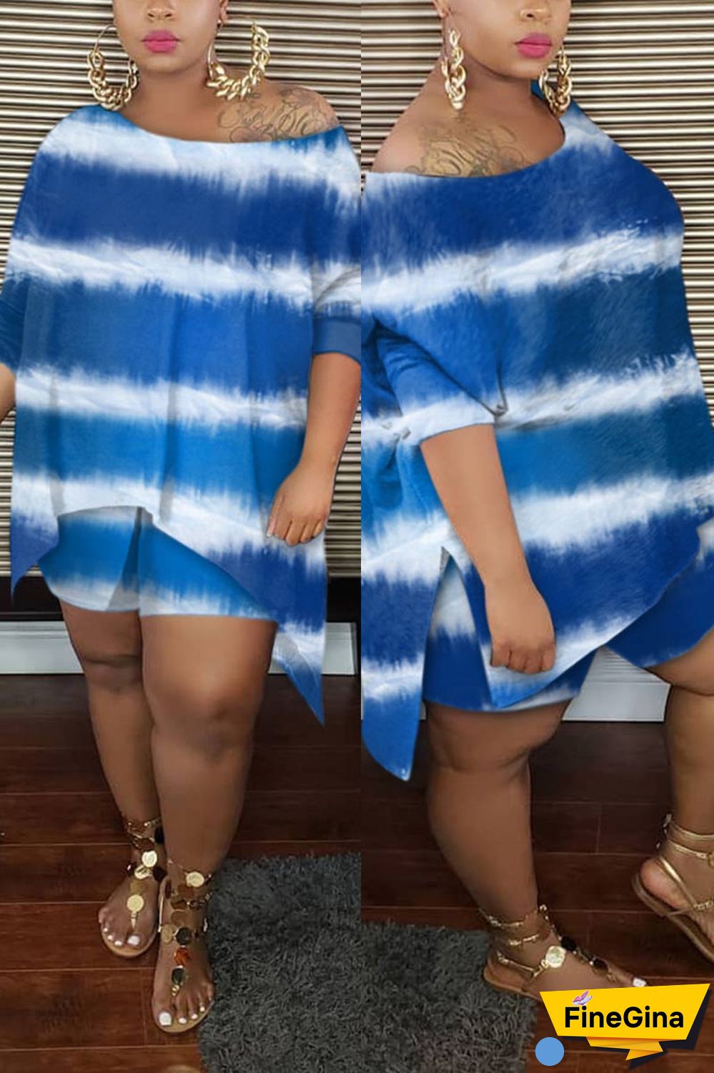 Casual Oblique Collar Print Plus Size Set