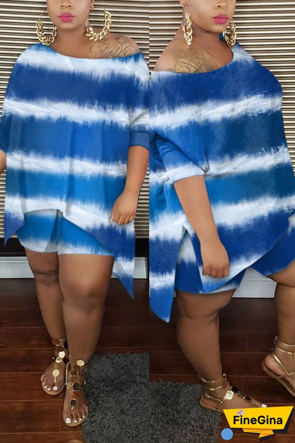 Casual Oblique Collar Print Plus Size Set