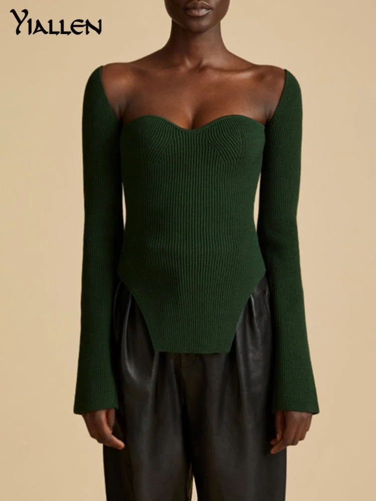 Yiallen White Side Split Knitted Women's 2022 Sweater Square Collar Long Sleeve Sweaters Female Autumn Fashion New Clothes Hot