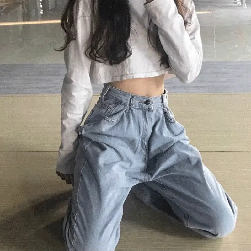 Jeans Women Loose Korean Style High Waisted Harajuku Ladies Wide Leg Denim Trousers Full-length Fashion Streetwear All-match