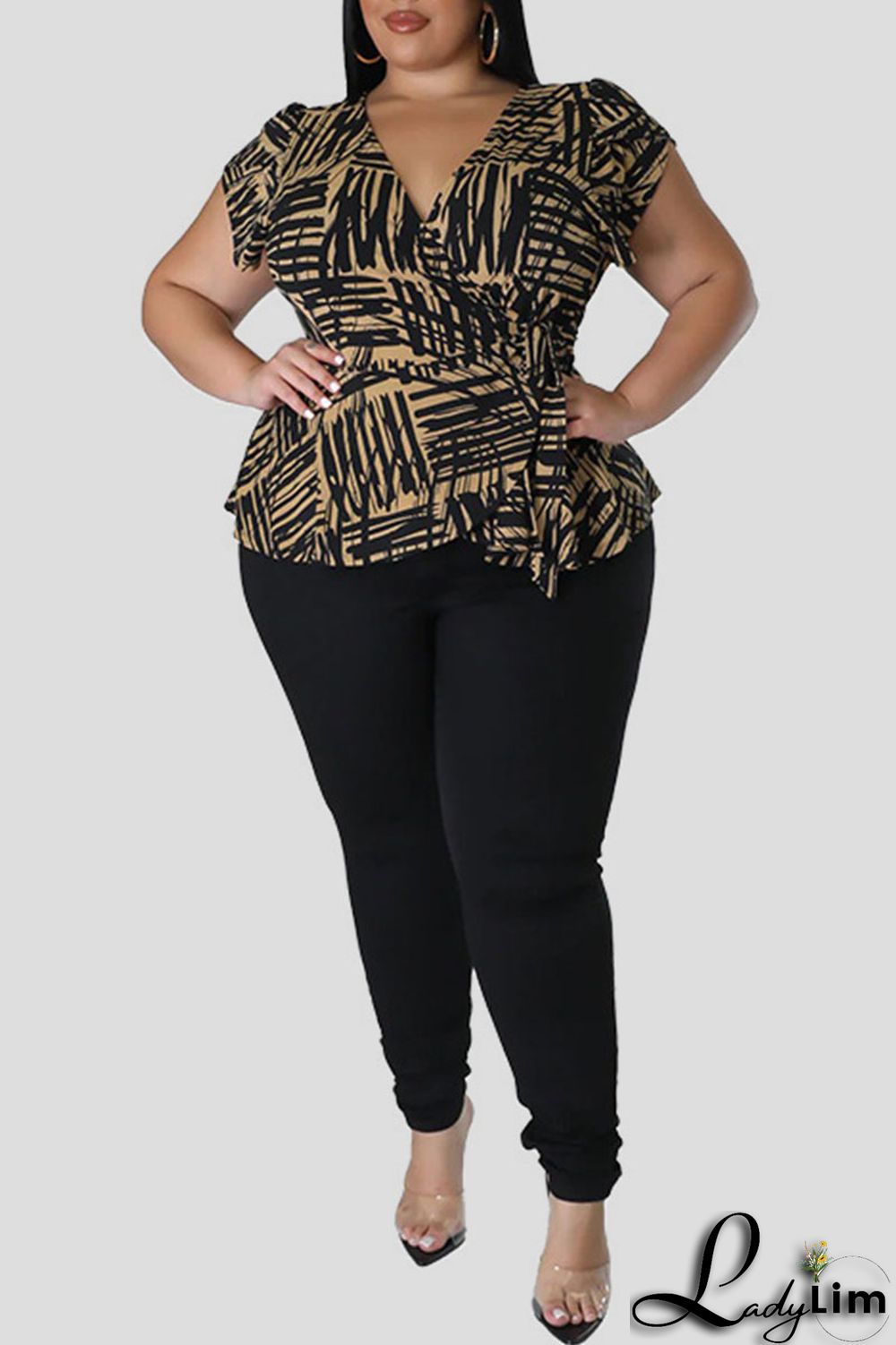 Red Casual Print Bandage Patchwork V Neck Plus Size Two Pieces