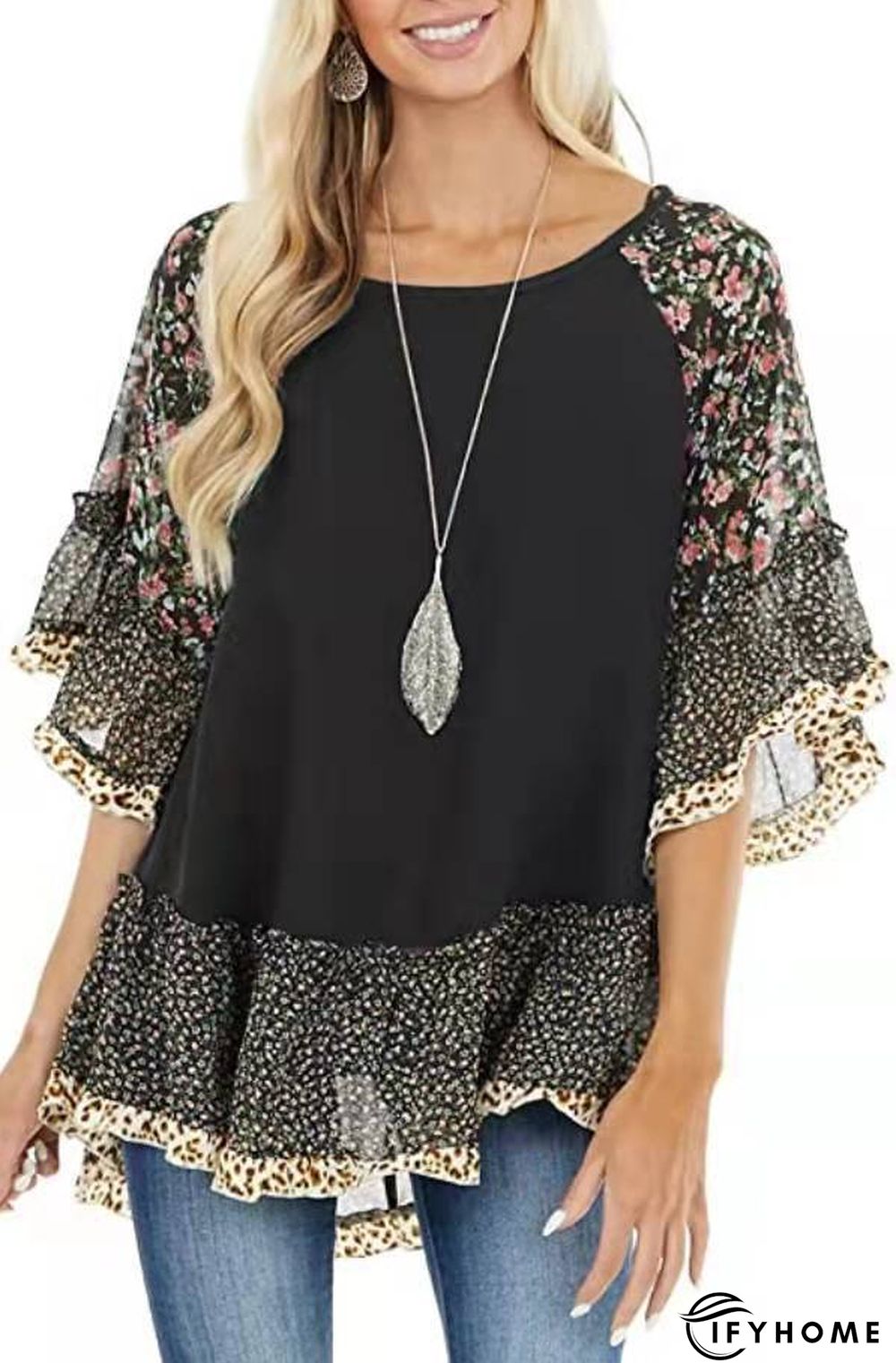 Paisley Short Sleeve Printed Cotton-blend Crew Neck Vintage Summer Deep Gray Top | IFYHOME