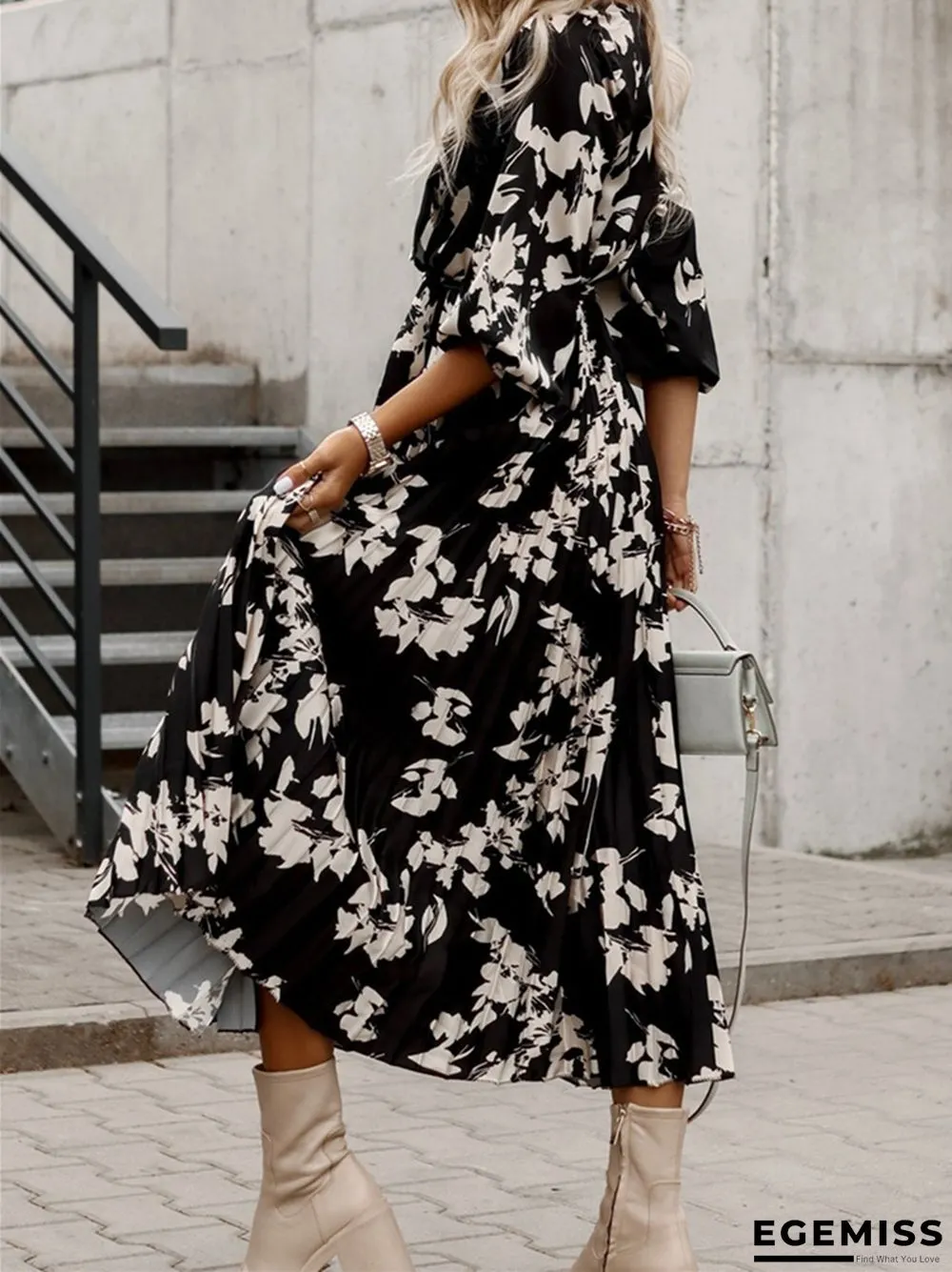 Fashion Waist Strap Pleated Print Dress | EGEMISS