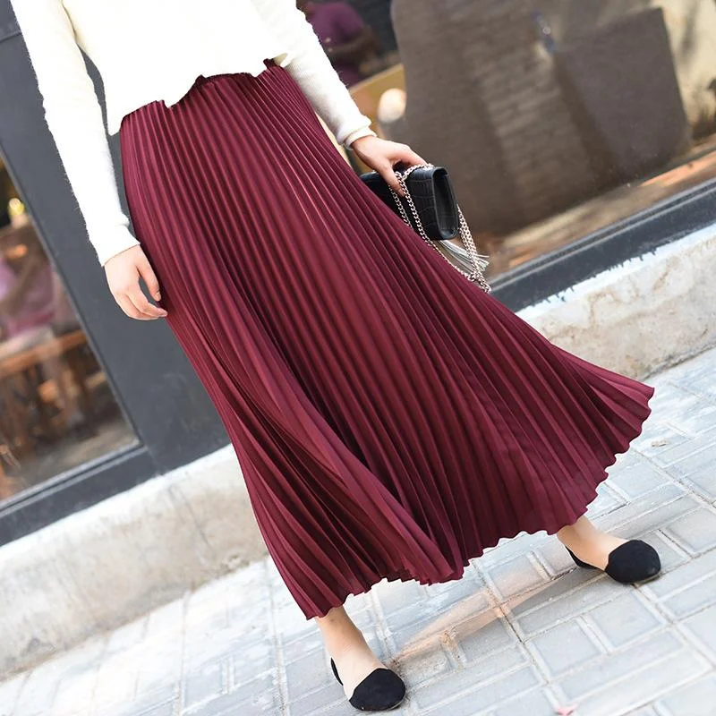 Womens Vintage Pleated Midi Long Skirt Female Korean Casual High Waist Chiffon Skirts Jupe Faldas Autumn