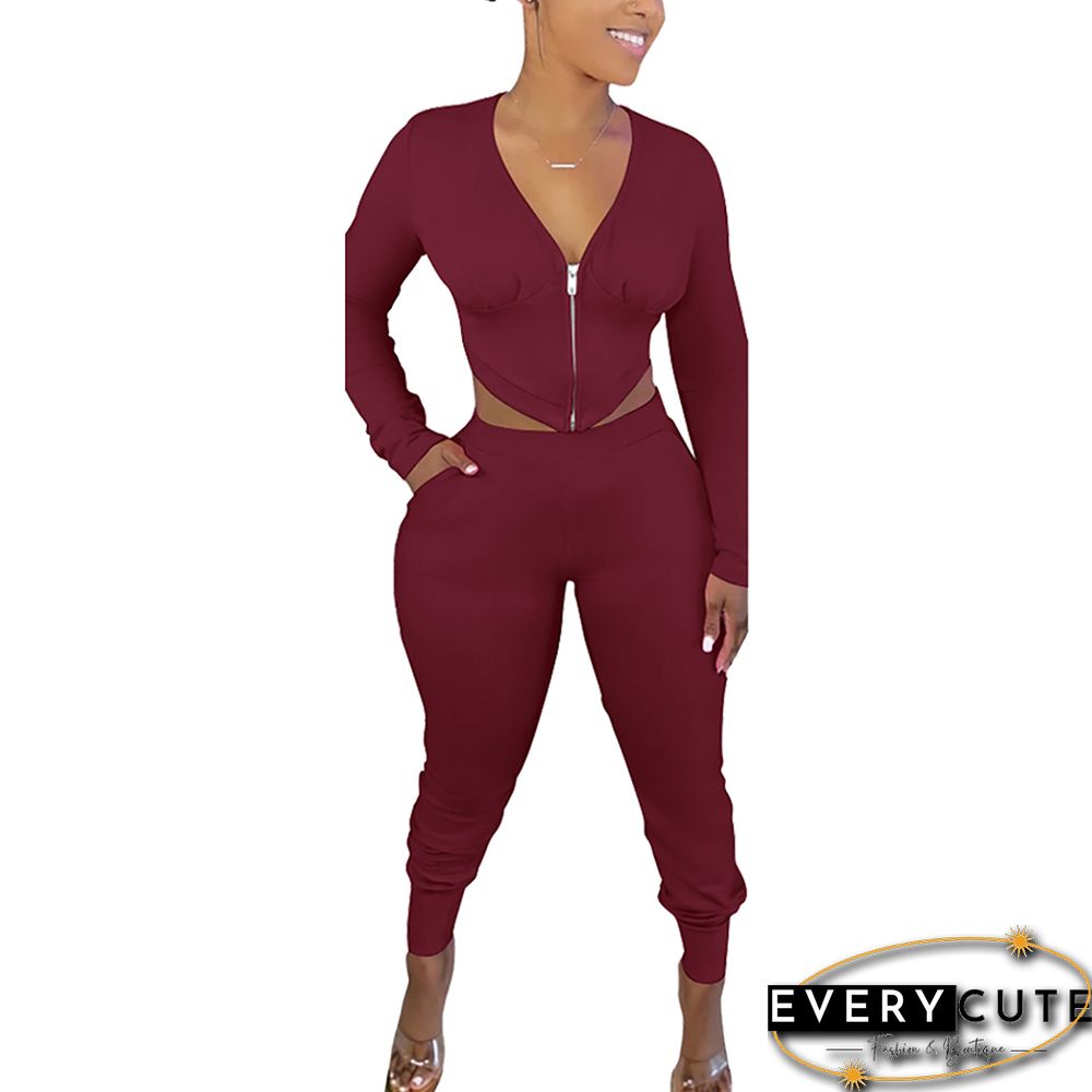 Wine Red Zipper Long Sleeve Crop Top And Pant Set
