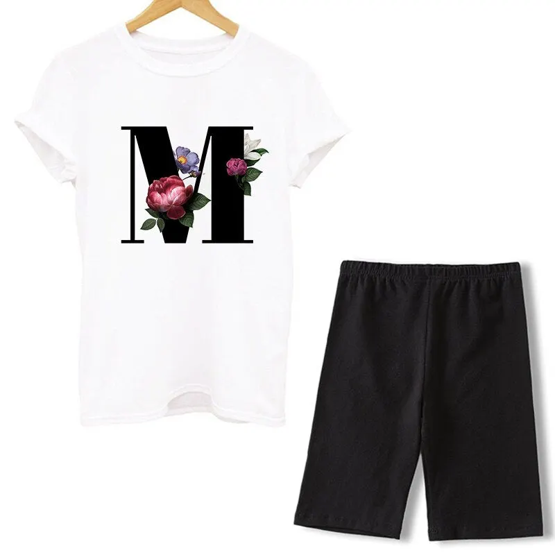 Women Two Piece Set Letter T Shirts And Shorts Sets Summer Short Sleeve O-neck Casual Biker Tracksuit Sexy Outfit For Woman 2