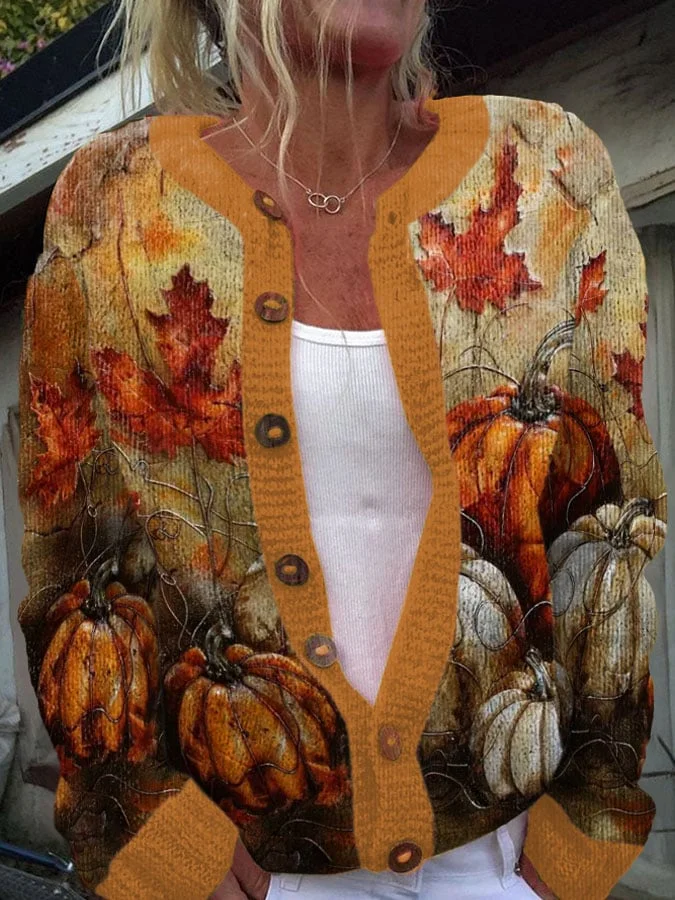 Women's Thanksgiving Pumpkin Maple Leaf Knit Cardigan