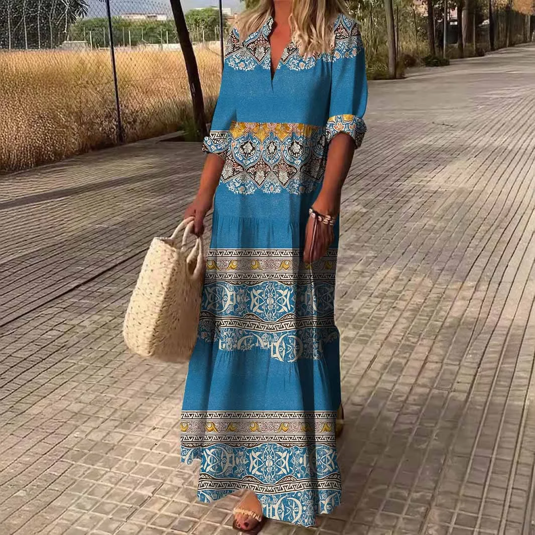 Women Retro,Apricot,Blue DZDN0733 SPU Printed Long Sleeve V-neck Maxi Dress
