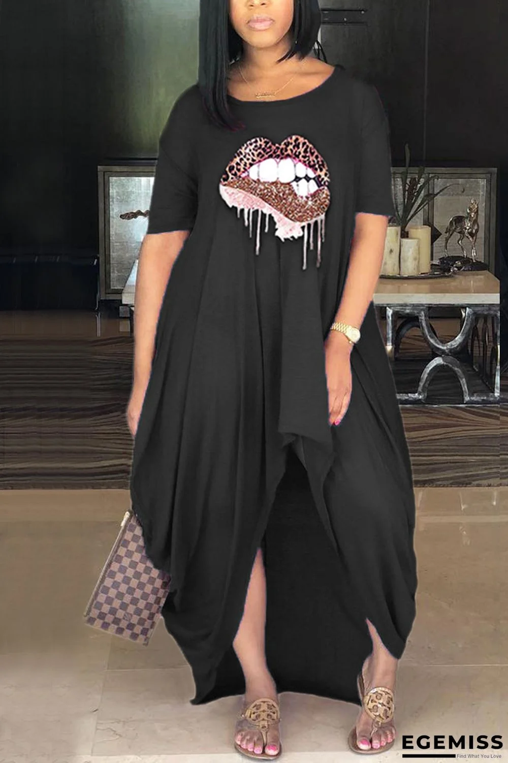 Black Fashion Casual Regular Sleeve Short Sleeve O Neck Printed Dress Floor Length Lips Printed Dresses | EGEMISS